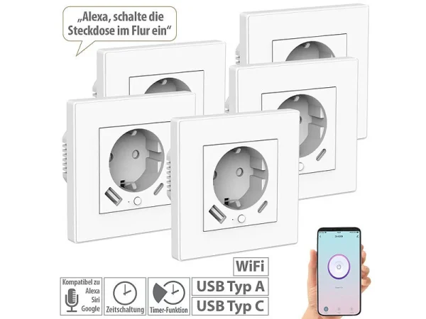 Luminea Home Control W LAN Steckdosen:5er-Set WLAN-Unterputzsteckdosen Mit App, Je 1x USB A, 1x USB C, 2 A 1