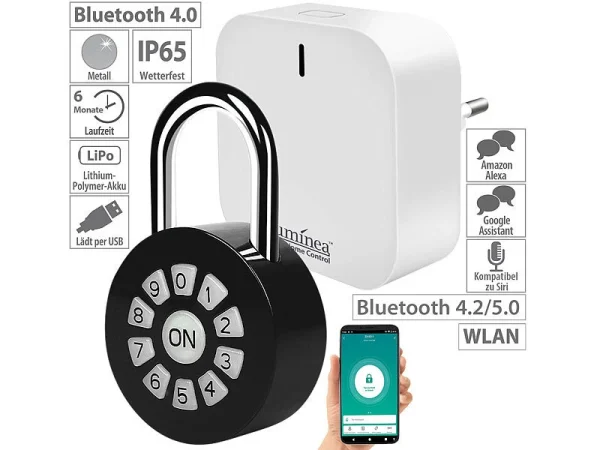 Xcase WLAN Schloss:Metall-Vorhängeschloss Mit WLAN-Gateway, App, Bluetooth, IP65 1