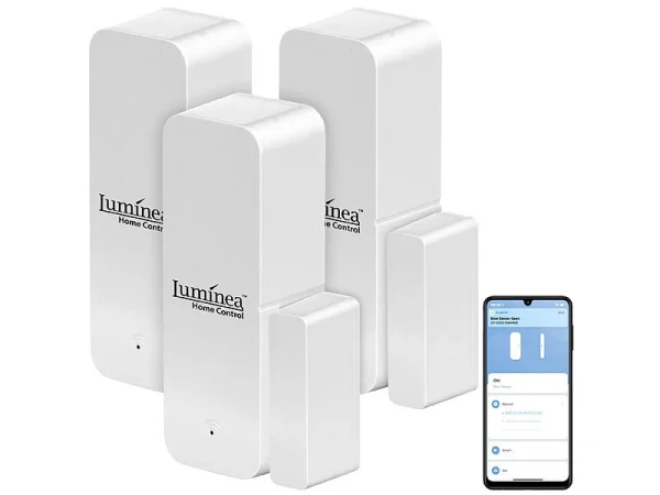 Luminea Home Control Alarmanlagen:3er-Set ZigBee-Tür- & Fensteralarm, Für Alexa, GA Und Siri, App 4