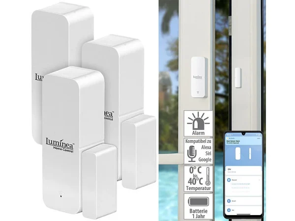 Luminea Home Control Alarmanlagen:3er-Set ZigBee-Tür- & Fensteralarm, Für Alexa, GA Und Siri, App 1