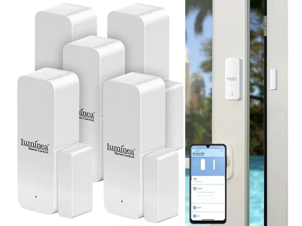 Luminea Home Control Fenstersensor:5er-Set ZigBee-Tür- & Fensteralarm, Für Alexa, GA Und Siri, App 3