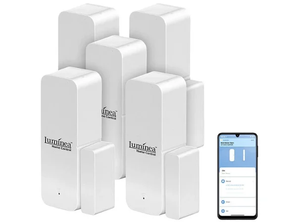 Luminea Home Control Fenstersensor:5er-Set ZigBee-Tür- & Fensteralarm, Für Alexa, GA Und Siri, App 4