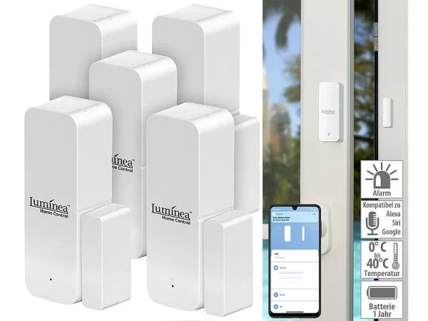 Luminea Home Control Fenstersensor:5er-Set ZigBee-Tür- & Fensteralarm, Für Alexa, GA Und Siri, App 1