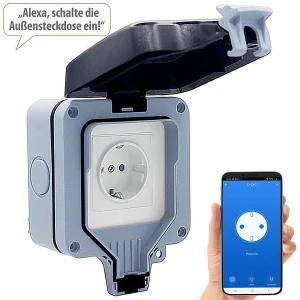 Luminea Home Control Outdoor Steckdose:Outdoor-WLAN-Aufputzsteckdose, Sprachsteuerung, Verbrauchsmesser, App 16