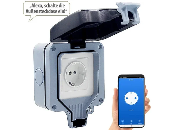 Luminea Home Control Outdoor Steckdose:Outdoor-WLAN-Aufputzsteckdose, Sprachsteuerung, Verbrauchsmesser, App 3