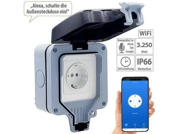 Luminea Home Control WLAN Outdoor Steckdose:2er-Set Outdoor-WLAN-Aufputzsteckdosen, Sprachsteuerung, Messung, App 1