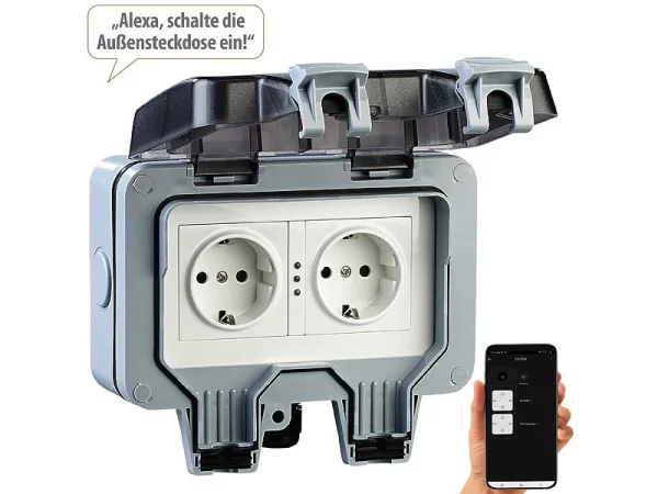 Luminea Home Control WLAN Steckdose:Outdoor-WLAN-Aufputz-Doppelsteckdose, Sprachbefehl, Strommessung, App 3