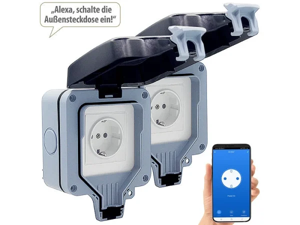 Luminea Home Control WLAN Outdoor Steckdose:2er-Set Outdoor-WLAN-Aufputzsteckdosen, Sprachsteuerung, Messung, App 3