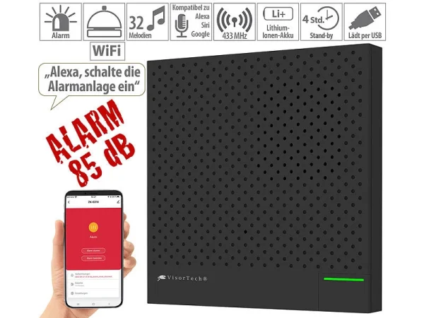 VisorTech Alarmanlage Drahtlos:13-teiliges Funk-Alarmanlagen-Set: 11 Sensoren, SOS-Taster, WLAN, App 21