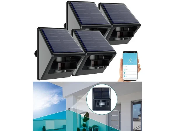 Luminea Home Control Bewegungssensor PIR:4er-Set Outdoor-PIR-Sensoren, Solarpanel, App, IP55, ZigBee-kompatibel 3