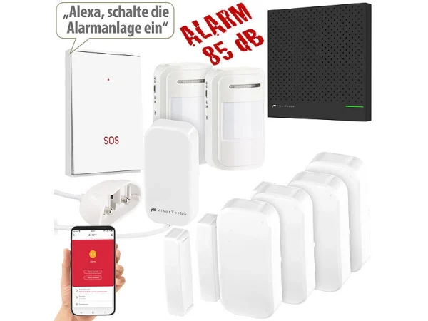 VisorTech Drahtlose Alarmanlage:9-teiliges Funk-Alarmanlagen-Set Mit 7 Sensoren, SOS-Taster, WLAN, App 1