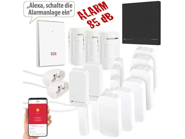 VisorTech Alarmanlage Drahtlos:13-teiliges Funk-Alarmanlagen-Set: 11 Sensoren, SOS-Taster, WLAN, App 1