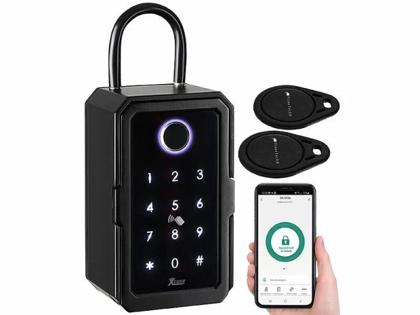 Xcase Schlüsseltresor:Smarter Schlüssel-Safe, Touch-PIN, Fingerprint, Transponder, Bluetooth 4