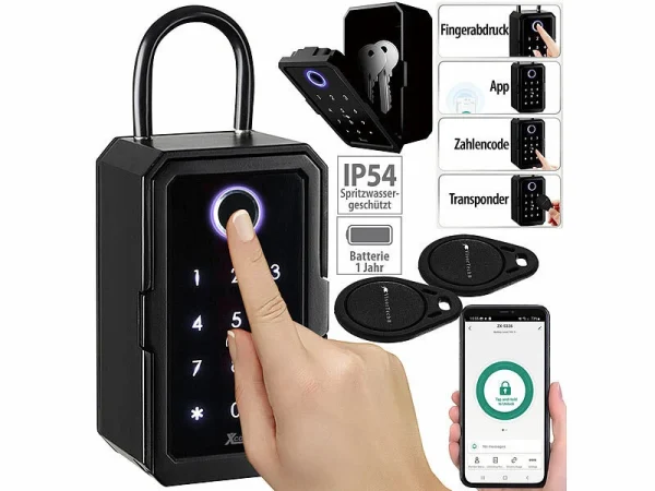 Xcase Schlüsseltresor:Smarter Schlüssel-Safe, Touch-PIN, Fingerprint, Transponder, Bluetooth 1