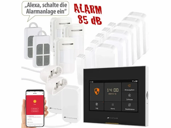 VisorTech Alarmsystem:14-tlg. Funk-Alarmanlage: 11 Sensoren, 2 Fernbedienungen, GSM WLAN App 1