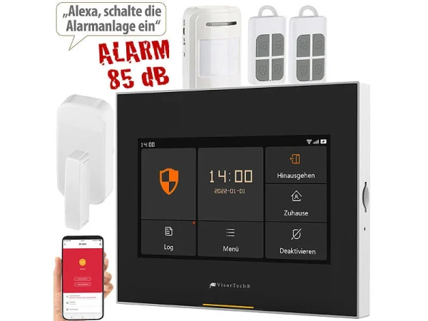 VisorTech Alarm:5-tlg. Funk-Alarmanlage: 2 Sensoren, 2 Fernbedienungen, GSM, WLAN, App 1