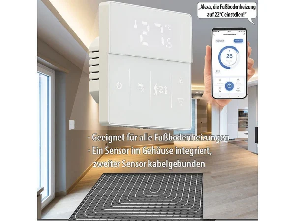 Revolt Alexa-Thermostat Heizung:4er-Set WLAN-Fußbodenheizung-Thermostate Mit App, Weiß 14