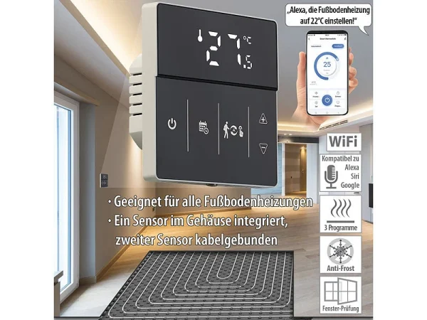 Revolt Heizungssteuerung:WLAN-Fußbodenheizung-Thermostat Mit App Und Sprachsteuerung, Schwarz 1