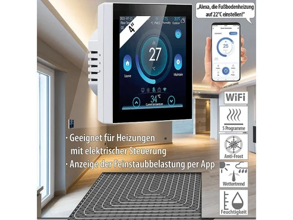 Revolt Funkthermostat:WLAN-Fußbodenheizung-Thermostat Mit Touchdisplay, Feinstaub-Anzeige 1