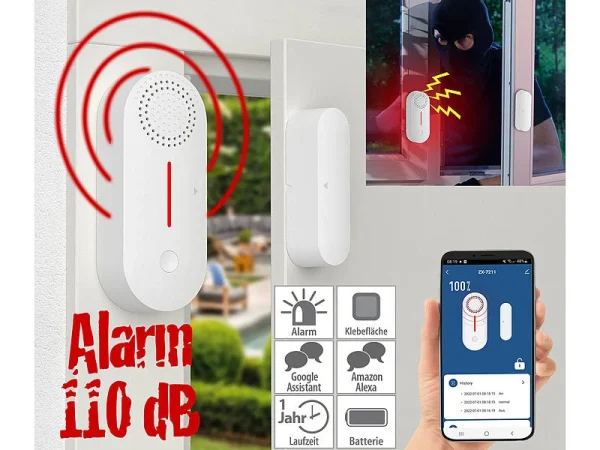 VisorTech Türkontakt Alarm:4er-Set 2in1-WLAN-Tür- & Fensteralarm, Sirene, App Und Sprachsteuerung 11