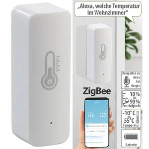 Luminea Home Control Temperatur Datenlogger:4er-Set ZigBee-Temperatur- & Luftfeuchtigkeits-Sensoren Mit App 29