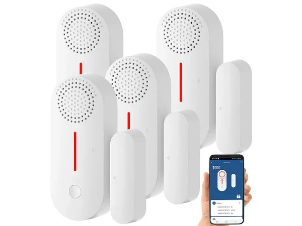 VisorTech Türkontakt Alarm:4er-Set 2in1-WLAN-Tür- & Fensteralarm, Sirene, App Und Sprachsteuerung 4