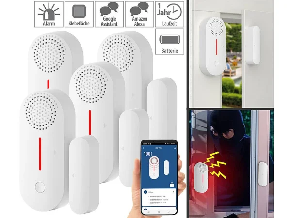 VisorTech Türkontakt Alarm:4er-Set 2in1-WLAN-Tür- & Fensteralarm, Sirene, App Und Sprachsteuerung 1