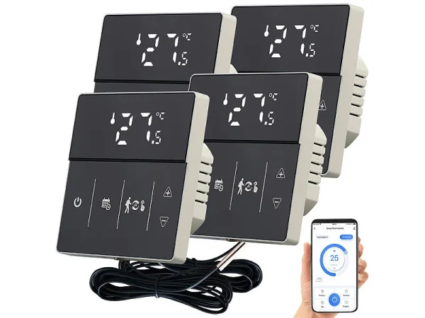 Revolt Heizung Thermostat WLAN:4er-Set WLAN-Fußbodenheizung-Thermostate Mit App, Schwarz 4