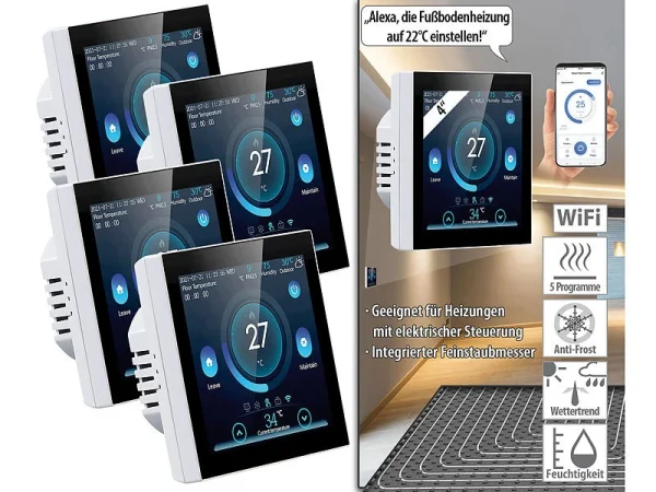 Revolt WLAN Thermostat Heizung:4er-Set WLAN-Thermostate Für Fußbodenheizungen, Touchdisplay 3