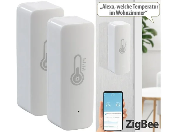 Luminea Home Control ZigBee Hygrometer:2er-Set ZigBee-Temperatur- & Luftfeuchtigkeits-Sensoren Mit App 3