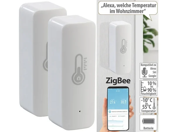 Luminea Home Control ZigBee Hygrometer:2er-Set ZigBee-Temperatur- & Luftfeuchtigkeits-Sensoren Mit App 1