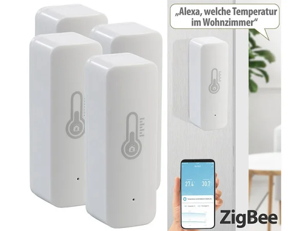 Luminea Home Control Temperatur Datenlogger:4er-Set ZigBee-Temperatur- & Luftfeuchtigkeits-Sensoren Mit App 3