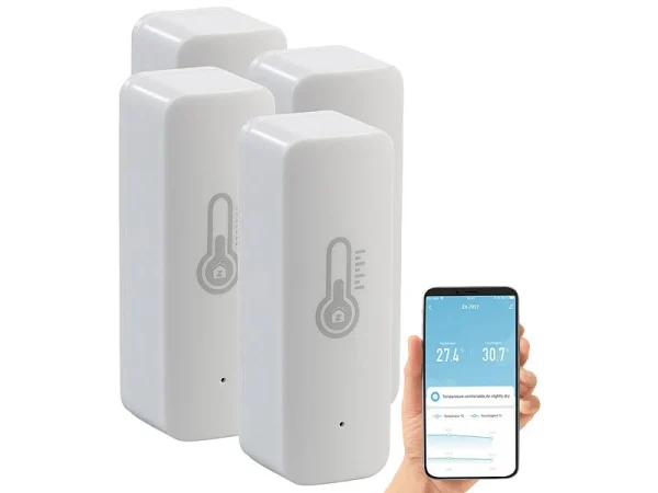 Luminea Home Control Temperatur Datenlogger:4er-Set ZigBee-Temperatur- & Luftfeuchtigkeits-Sensoren Mit App 4