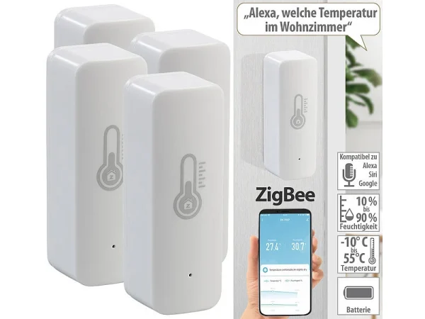 Luminea Home Control Temperatur Datenlogger:4er-Set ZigBee-Temperatur- & Luftfeuchtigkeits-Sensoren Mit App 1