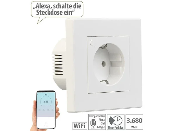 Luminea Home Control Smart-Steckdose Alexa:3er-Set WLAN-Unterputz-Steckdosen Mit Verbrauch-Messung, App, 3.680 W 9