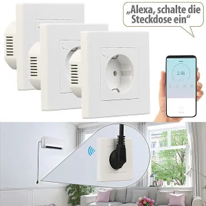 Luminea Home Control Smart-Steckdose Alexa:3er-Set WLAN-Unterputz-Steckdosen Mit Verbrauch-Messung, App, 3.680 W 16