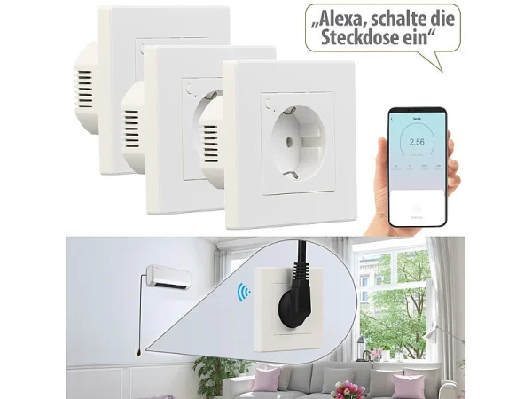 Luminea Home Control Smart-Steckdose Alexa:3er-Set WLAN-Unterputz-Steckdosen Mit Verbrauch-Messung, App, 3.680 W 3