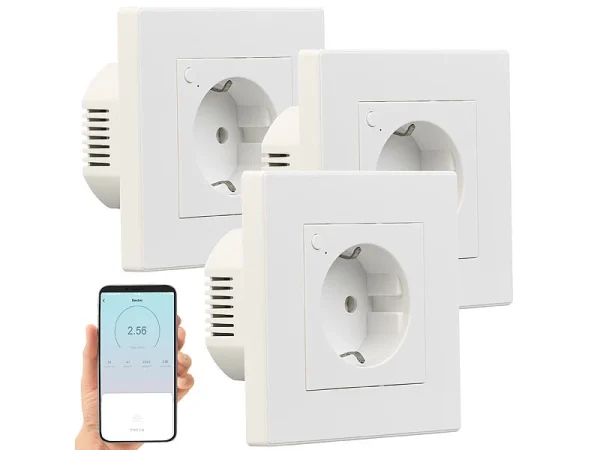 Luminea Home Control Smart-Steckdose Alexa:3er-Set WLAN-Unterputz-Steckdosen Mit Verbrauch-Messung, App, 3.680 W 4