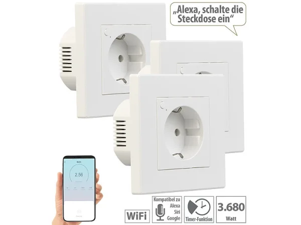 Luminea Home Control Smart-Steckdose Alexa:3er-Set WLAN-Unterputz-Steckdosen Mit Verbrauch-Messung, App, 3.680 W 1